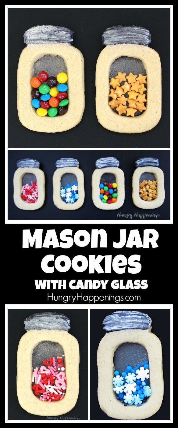 Fill your Mason Jar Cookies with Candy Glass with your favorite sprinkles or candies for any holiday or special occasion. These stained glass style cookies are perfect for Christmas, Valentine's Day, birthdays, or baby showers.
