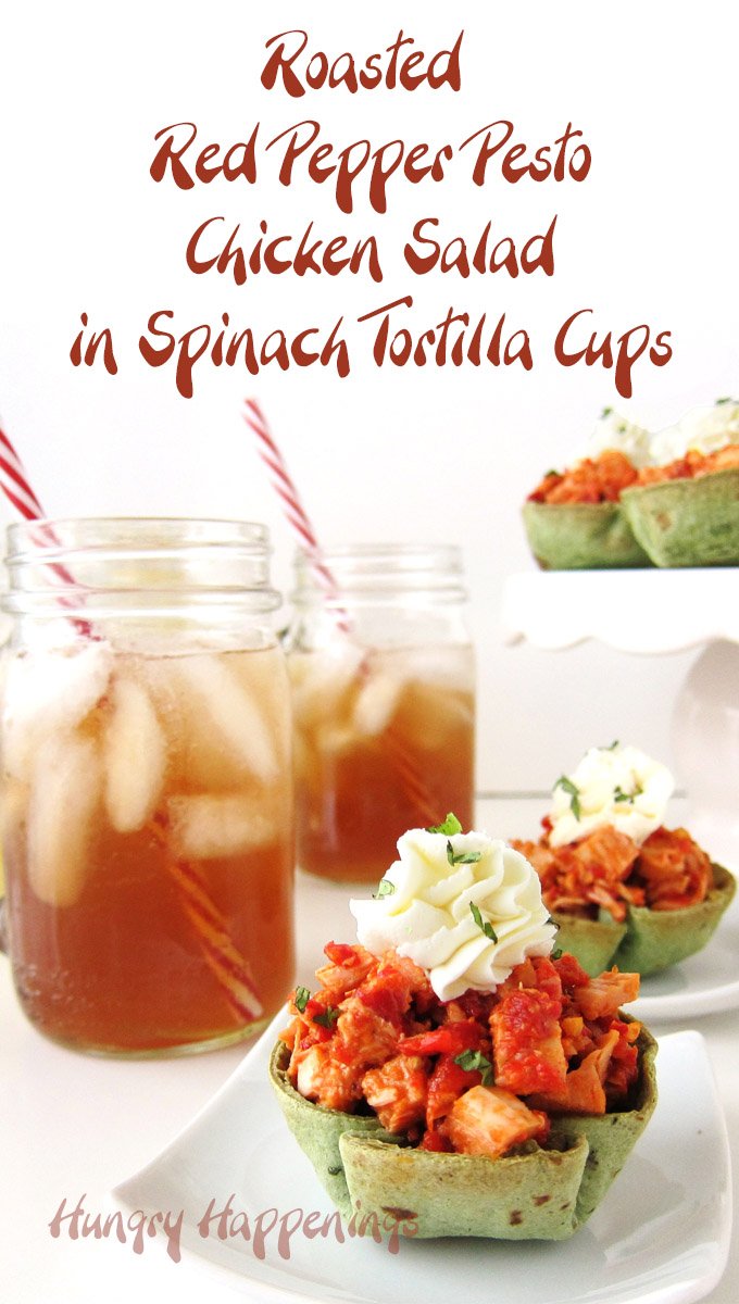 Festive little baked spinach tortilla cups filled with a brightly flavored Roasted Red Pepper Pesto Chicken Salad pair perfectly with Lipton Iced Tea and will make a lovely meal during the busy holiday season or anytime.