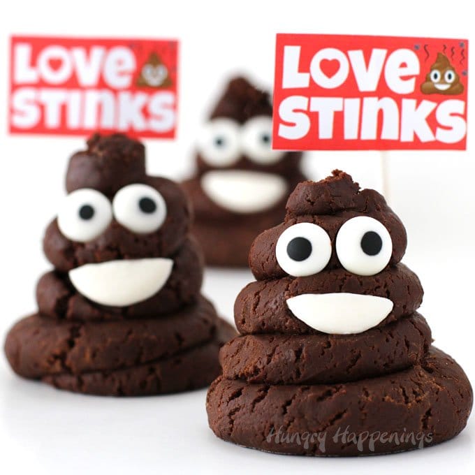 chocolate poop emoji holding "love stinks" signs.