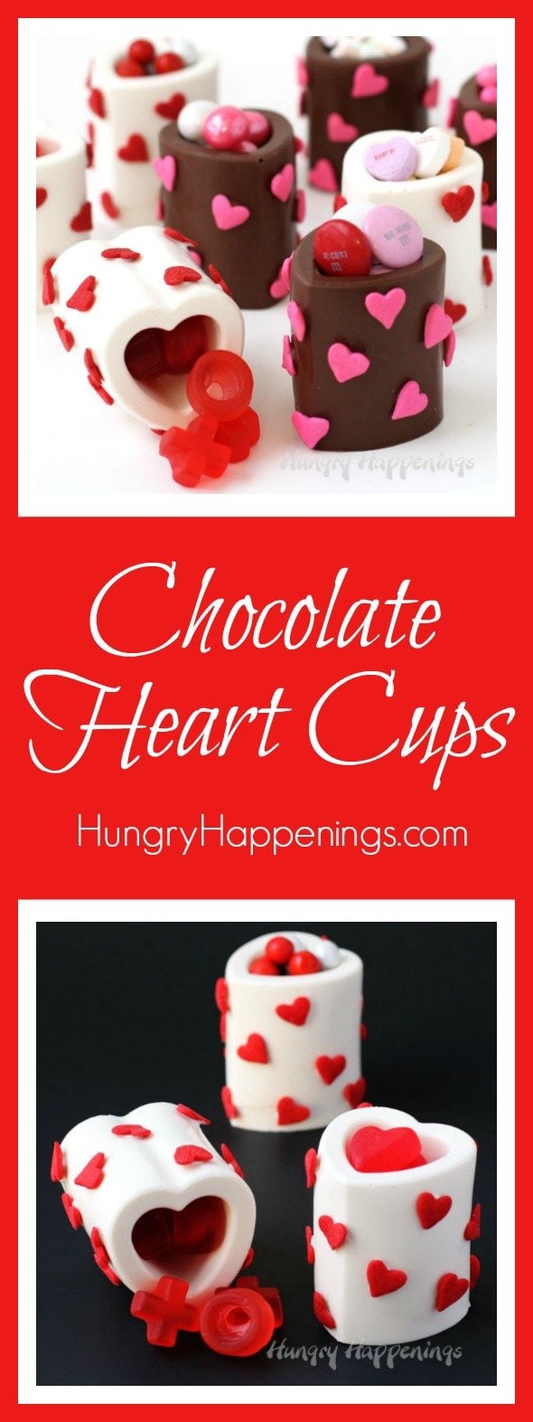 You won't believe how easy it is to make your own homemade Chocolate Heart Cups using a silicone mold. Just melt, fill, and chill then add some heart sprinkles to make them pretty and fill them with your favorite Valentine's Day candy. Kids and adults will love them.