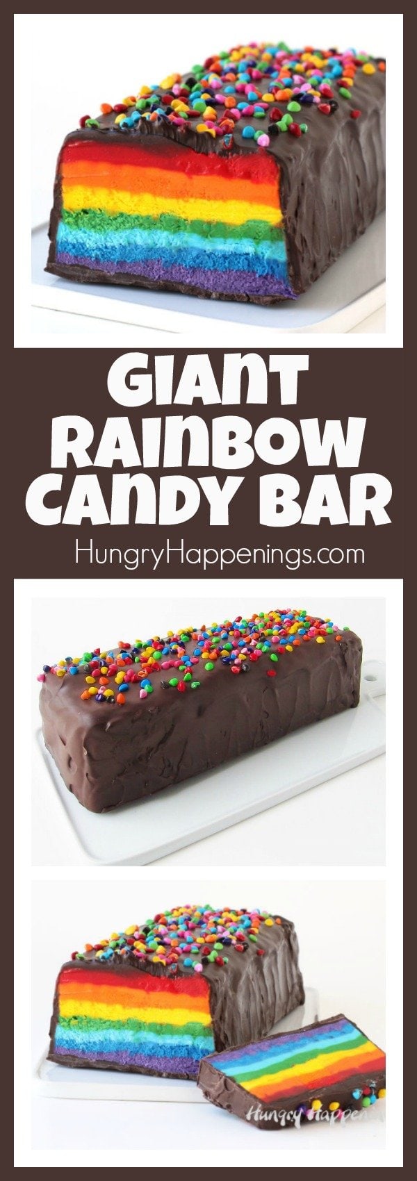 Cut into this chocolate covered nougat bar to reveal brilliantly colored layers of red, orange, yellow, green, blue, indigo, and purple. This Giant Rainbow Candy Bar will brighten anyone's day. 