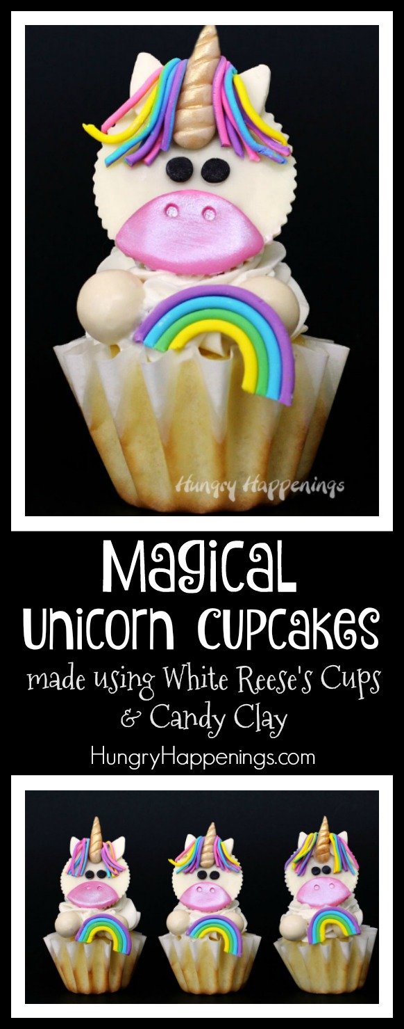 These Magical Unicorn Cupcakes made with White Reese's Cups and Candy Clay will be the hit of any birthday party. With their rainbow colored manes, gold candy horns, and expressive little eyes, these mythical creatures come to life in the sweetest form.