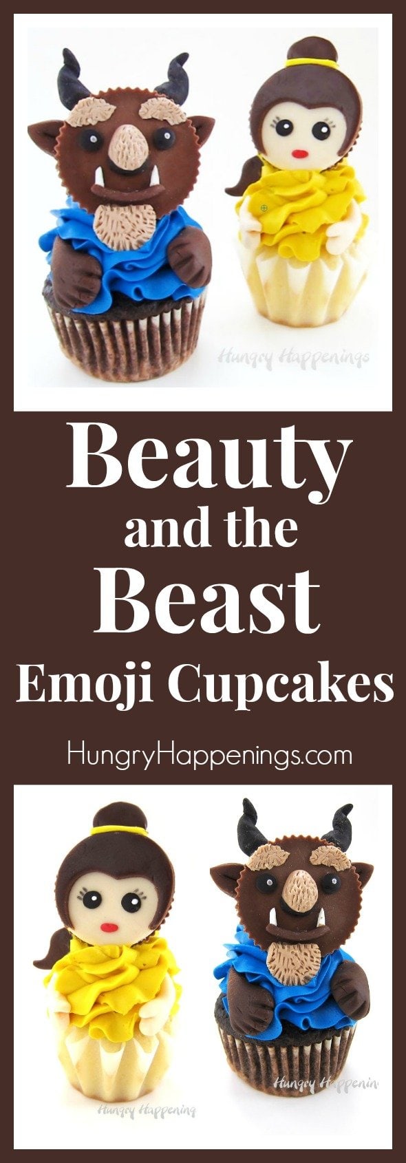 Decorate Reese's Cups using candy clay (modeling chocolate) to create stunning Beauty and the Beast Emoji Cupcakes. Kids and adults will fall in love with these sweet fairytale treats.