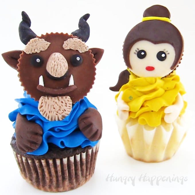 Decorate Reese's Cups using candy clay (modeling chocolate) to create stunning Beauty and the Beast Cupcakes inspired by Disney's Emoji Blitz. Kids and adults will fall in love with these sweet fairy tale treats.
