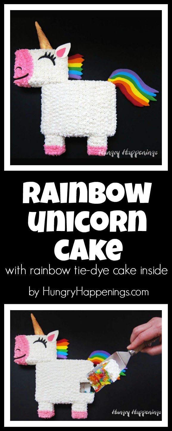 Create a unicorn cake using one 9x13 inch tie-dye-rainbow colored cake then decorate it with colorful and tasty candy clay. This Rainbow Unicorn Cake is perfect for a birthday party! See the video tutorial at HungryHappenings.com.