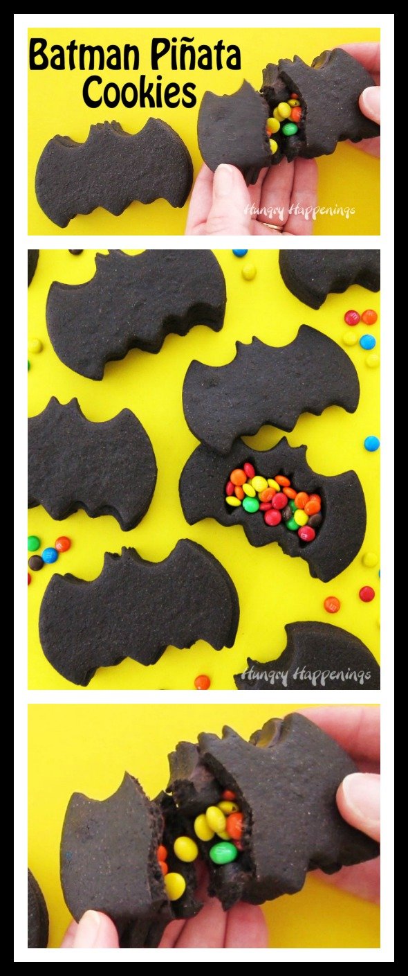 Break open these deep dark chocolate Batman Piñata Cookies to find another sweet treat concealed inside. These fun cookies will make great party favors or desserts for your Batman themed party.