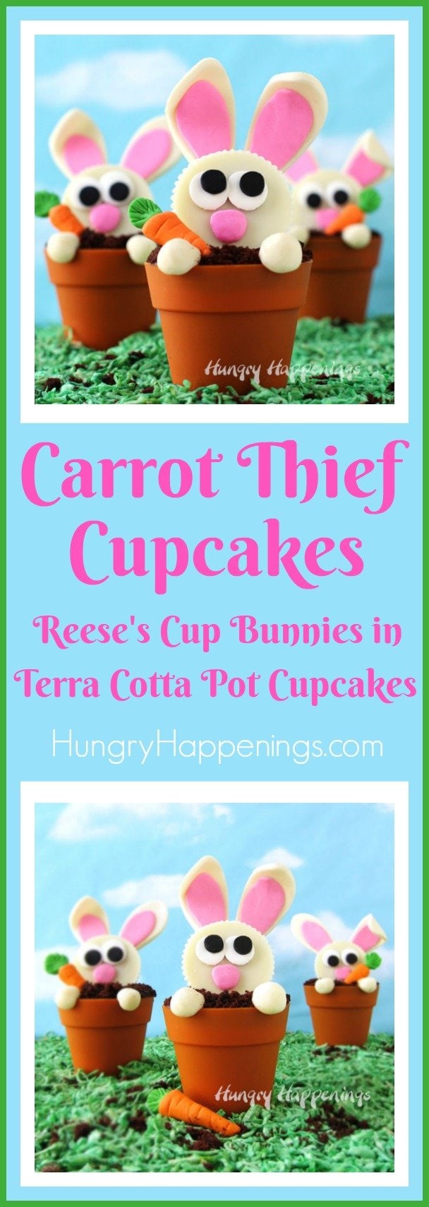 Mischievous little Reese's Cup Bunnies have been digging around in my Terra Cotta Pot Cupcakes looking for candy clay carrots. I can't be mad because these Carrot Thief Cupcakes are just so delightful and will make such darling desserts for Easter.