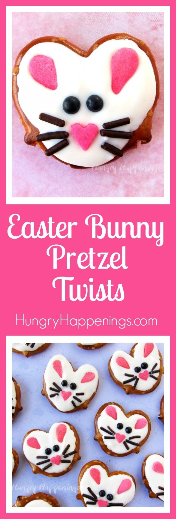 These salty and sweet Easter Bunny Pretzel Twists are so darn cute and easy to make using heart shapes sprinkles, chocolate jimmies, and black candy pearls. These cute treats are perfect basket fillers! Stop by HungryHappenings.com to watch the video tutorial.