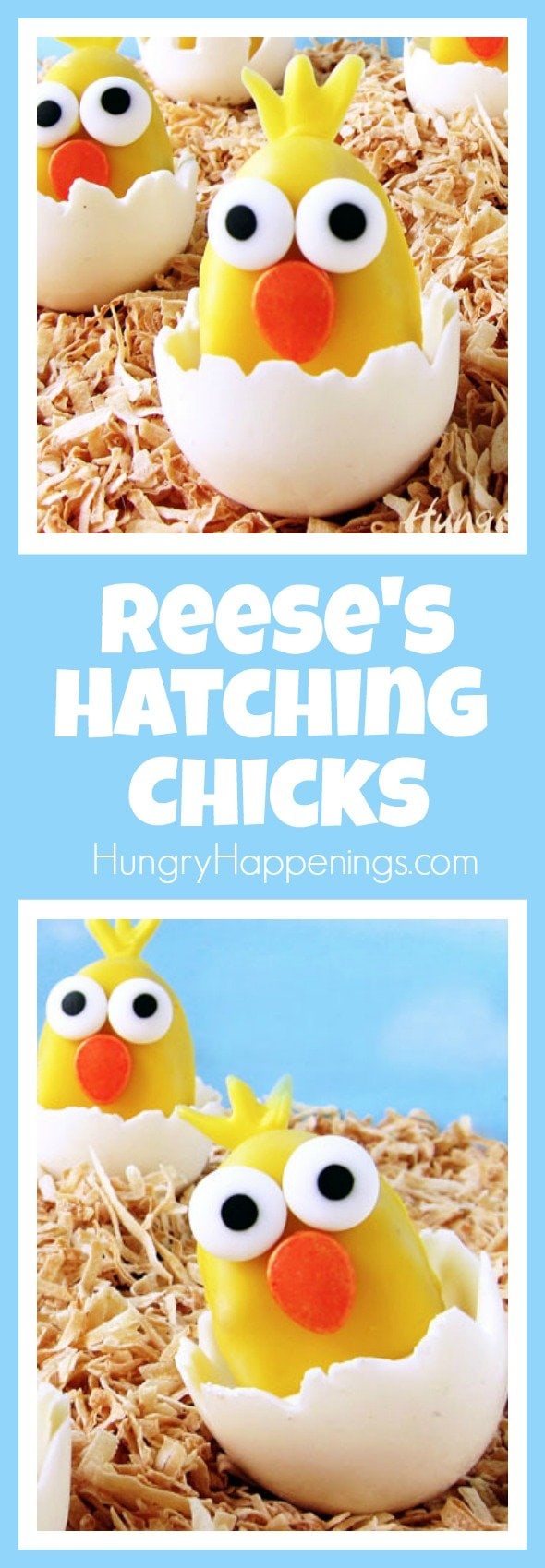 These darling Reese's Hatching Chicks will bring smiles to everyone who see's them. Made from Yellow Reese's Peanut Butter Cup Eggs, these Easter treats could not be any cuter. 