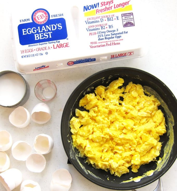 Make the best scrambled eggs using Eggland's Best Eggs, half-and-half, and salt then use them to top a Breakfast Pizza Chick for Easter brunch.