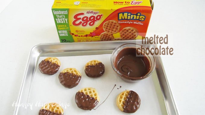 Chocolate dipped Eggo Minis Waffles.