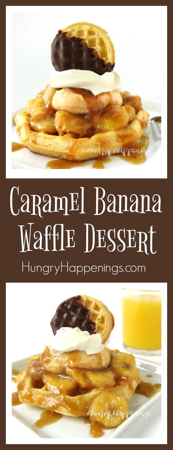 Top a Kellogg's Eggo Thick & Fluffy Original Waffle with Caramelized Bananas, Caramel Mousse, Whipped Topping, and a Chocolate Dipped Eggo Minis Waffle and you have the most decadent Caramel Banana Waffle Dessert.