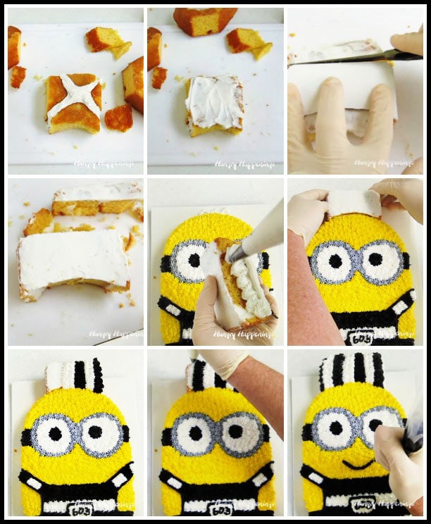 How to make a prisoner hat for a Minion cake. Cut and frost the cake.