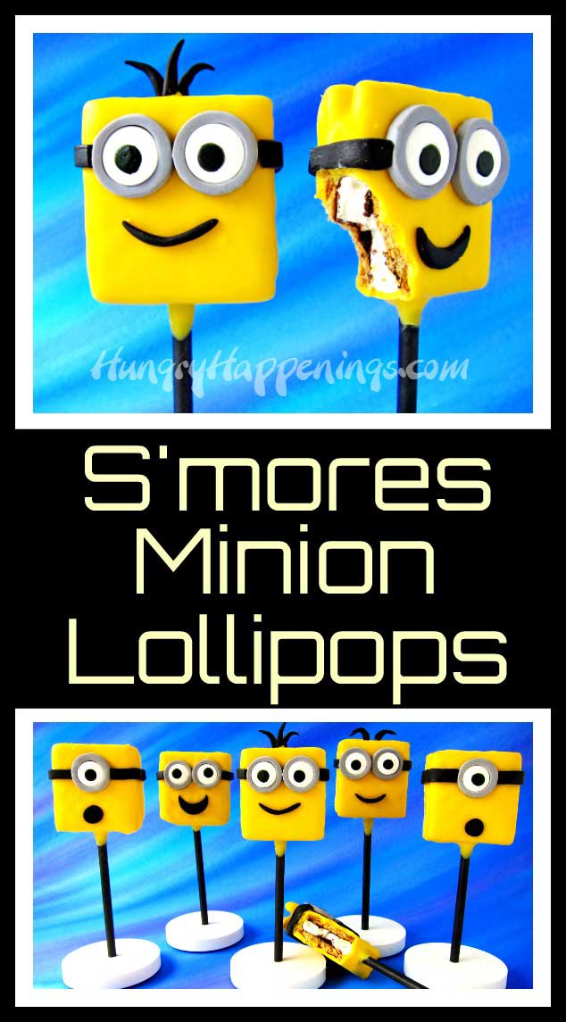 Collage of S'mores Minion Pops. The top image shows one S'mores Minion Pop with a bit taken out so you can see the dark chocolate, graham crackers, and marshmallows. 