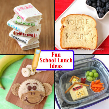 fun school lunch ideas including schoolbook sandwiches, stamped sandwiches, monkey sandwiches, and school house sandwiches.