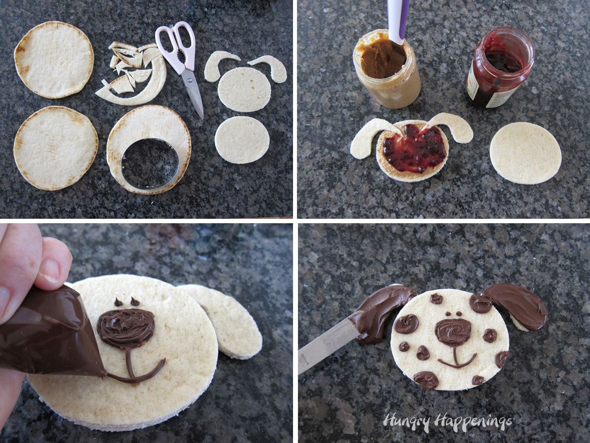 making a dog-shaped sandwich using round pita bread, peanut butter, and chocolate spread. 