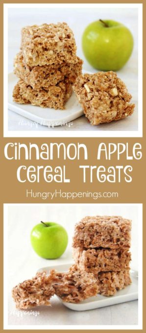 Enjoy the taste of fall when you make these quick and easy Cinnamon Apple Cereal Treats. With each bite you'll taste bits of apple and marshmallow blended with cinnamon sugar coated cereal. 