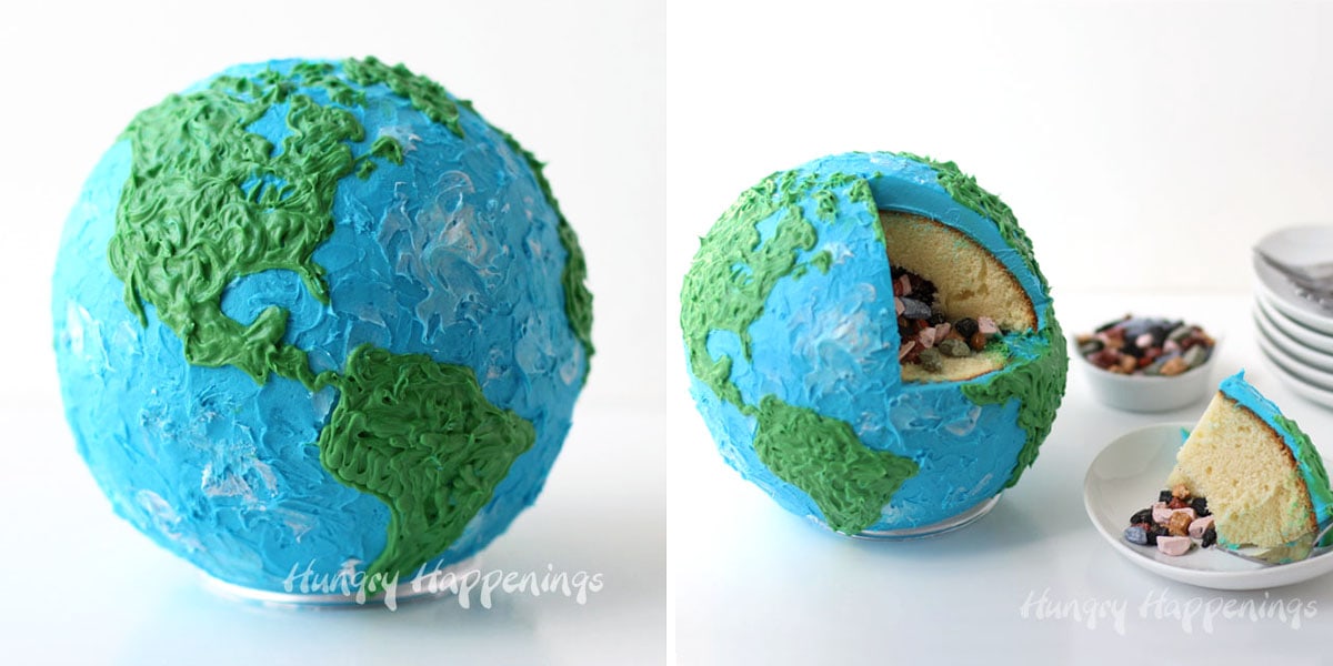 Globe Cake or Earth Cake filled with candy rocks