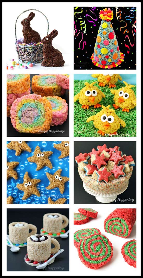Why serve traditional rice krispie treat bars when you can turn them into amazing desserts like these Rainbow Pinwheels or Caramel Starfish Cereal Treats? See all the tutorials at HungryHappenings.com.