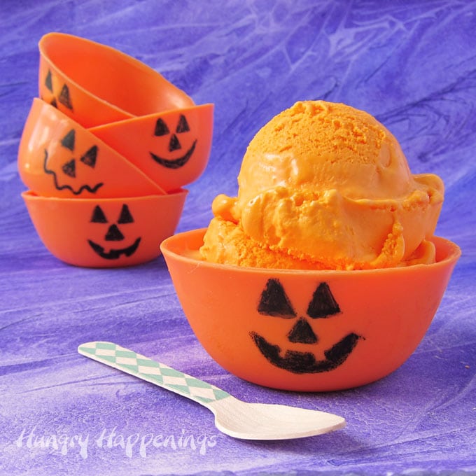 Chocolate Jack-O-Lantern Bowls filled with Homemade Orange Ice Cream (candy pumpkin bowls)