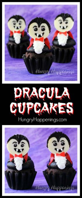 Top a chocolate cupcake with a big swirl of chocolate frosting and a white Reese's Cup vampire. These Dracula Cupcakes are frighteningly cute for Halloween.