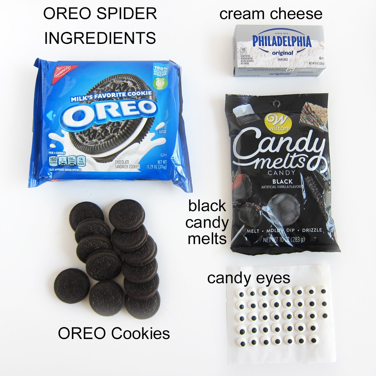 oreo spider ingredients including OREO Cookies, cream cheese, black candy melts, and candy eyes. 