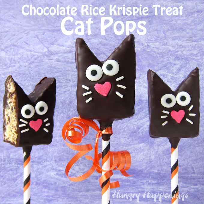 Chocolate Rice Krispie Treat Cat Pops make cute treats for Halloween or an animal themed party.