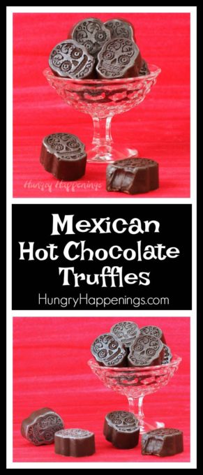 Celebrate the Day of the Dead with these Sugar Skull shaped Mexican Hot Chocolate Truffles. Each bite sized dark chocolate candy has a lusciously creamy ganache center that is spiced with cinnamon and cayenne pepper.