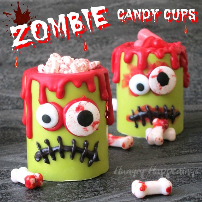 Zombie Candy Cups filled with blood stained candy bones or hot and spicy blood red candies make ghoulish treats for Halloween.