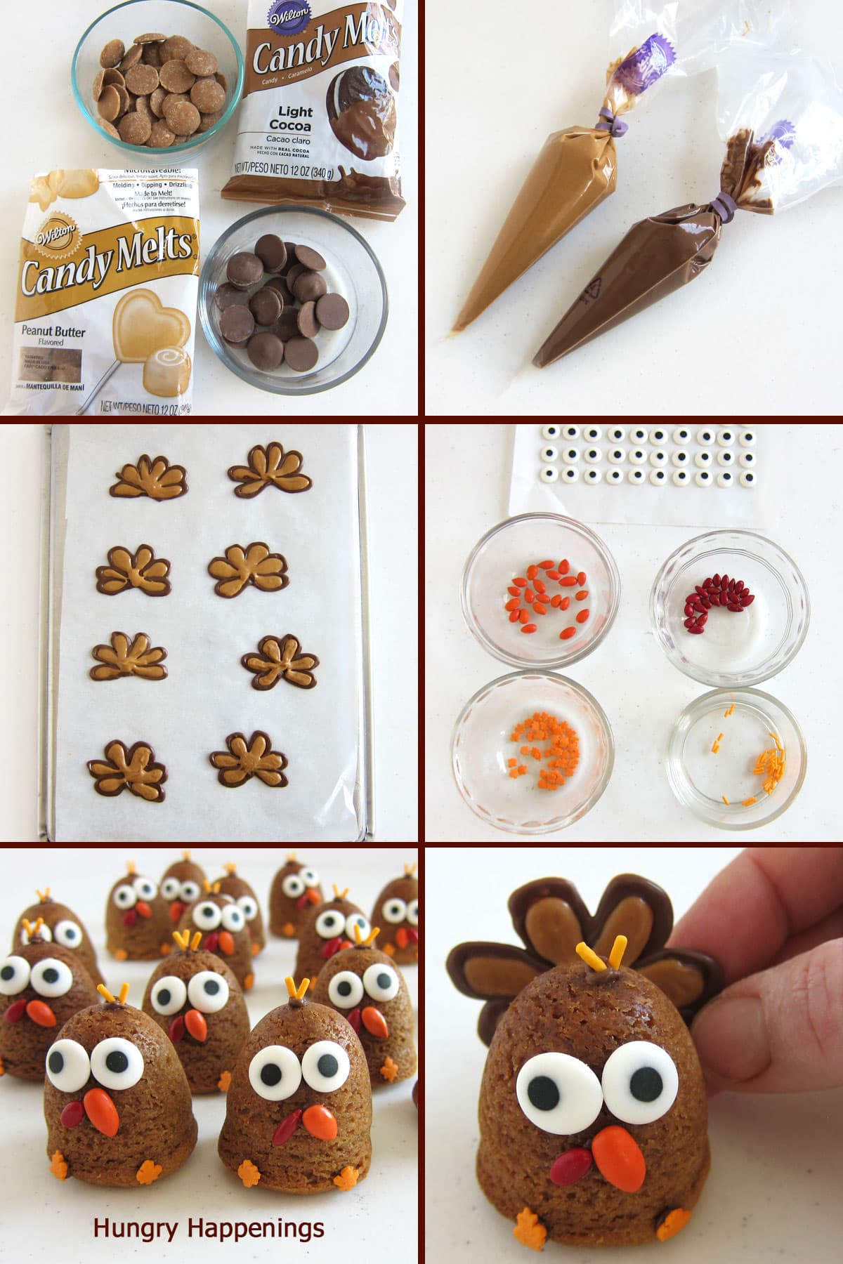 decorating peanut butter turkey cookies with chocolate feathers and candy eyes, beaks, and wattles. 