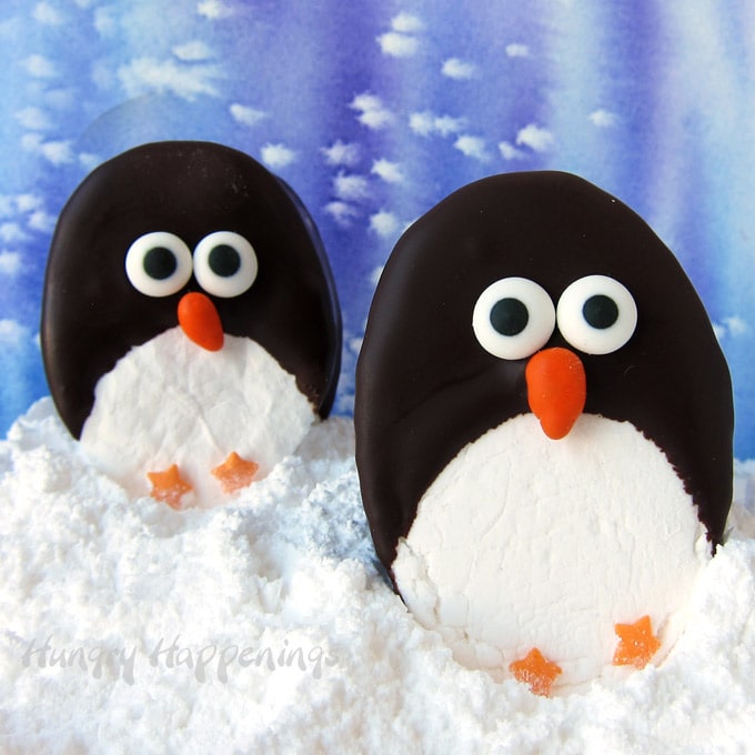 Homemade Marshmallow Penguins are the perfect addition to a cup of hot chocolate.