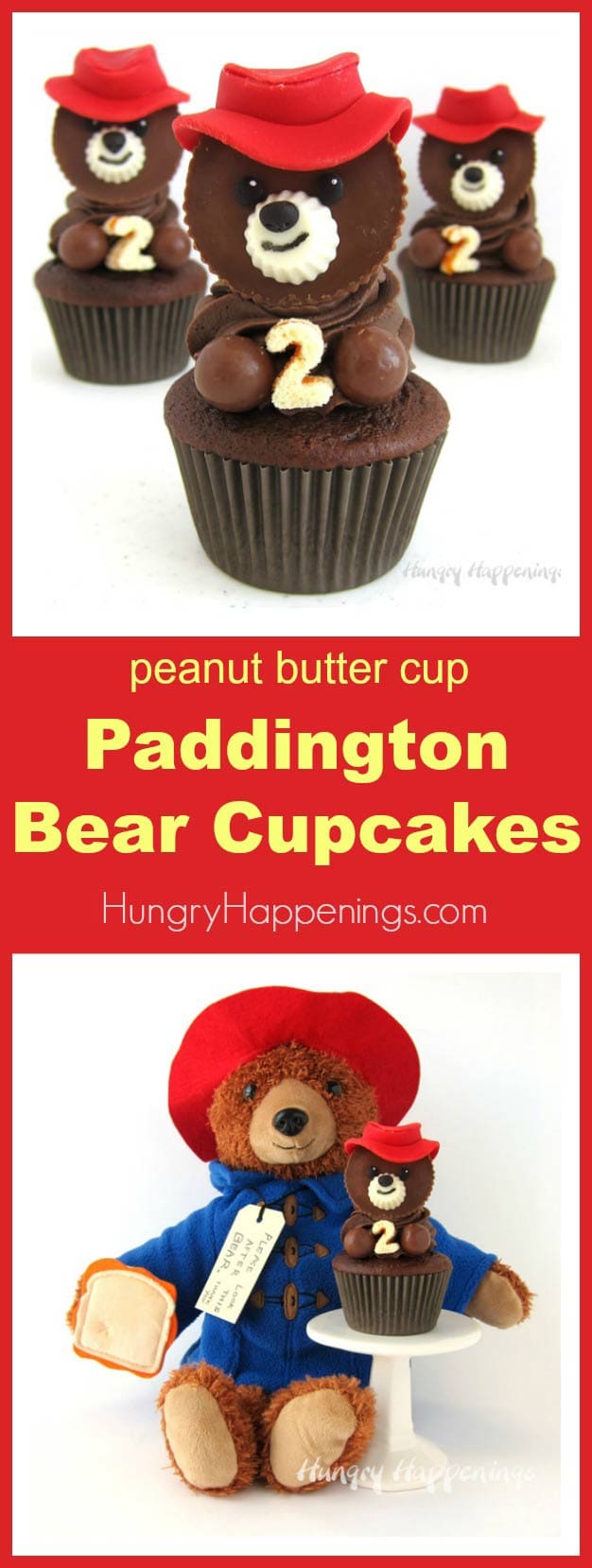 Kids of all ages will fall in love with these Paddington Bear Cupcakes. Each chocolate cupcake, made to celebrate the release of Paddington 2, is topped with a swirl of chocolate frosting and is adorned with a peanut butter cup bear wearing a bright red candy hat. #Paddington2 #ad
