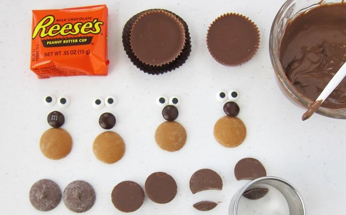 ingredients needed to make teddy bear cupcakes including Reese's Cups, candy eyes, brown candies, and candy melts