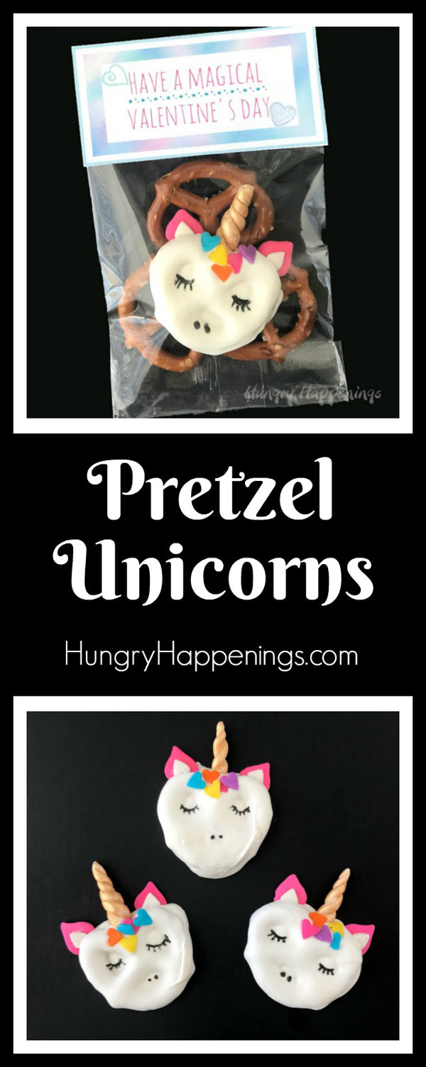 Make your Valentine's Day magical by giving your friends and family these sweet Pretzel Unicorns. Each white chocolate dipped pretzel twist is decorated with a modeling chocolate unicorn horn and rainbow heart sprinkles and is packaged in a bag with a printable topper.