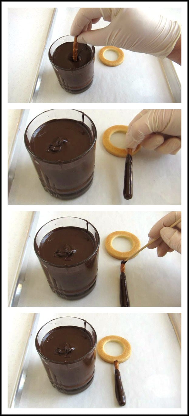 Chocolate dipped pretzel sticks become handles for magnifying glass cookies.