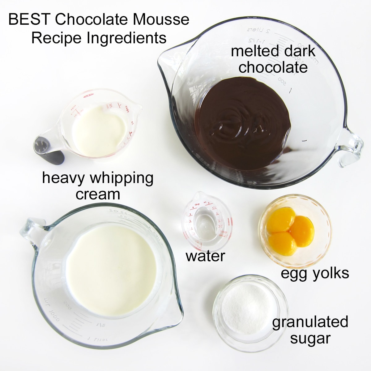 Chocolate Mousse Ingredients including melted dark chocolate, heavy whipping cream, egg yolks, water, and sugar. 