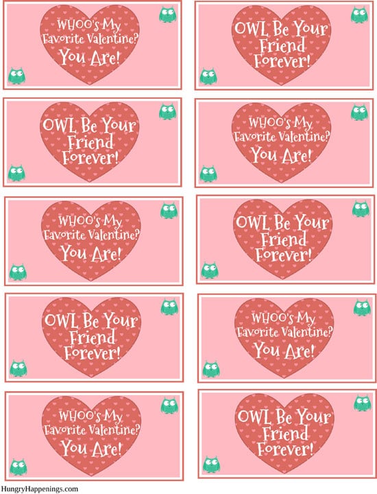 printable owl Valentine's Day bag toppers