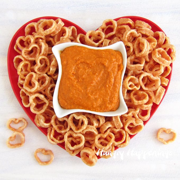 Roasted Red Pepper Bean Dip Served with Heart Shaped Veggie Crisps