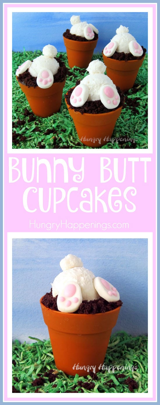 Fluffy frosting bunnies burrowing down into silicone flower pots filled with chocolate glazed chocolate cupcakes couldn't be sweeter. These Bunny Butt Cupcakes will be so fun to serve for Easter dessert, a baby shower, or an Earth Day celebration.