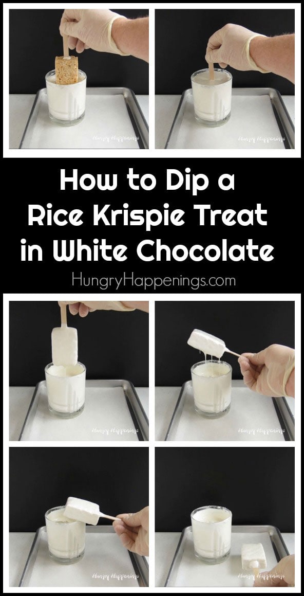 how to dip rice krispie treats in white chocolate to make lollipops