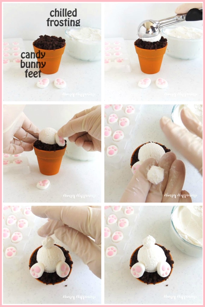 collage of images showing how to decorate a bunny butt cupcake using a scoop of white frosting for the body, two candy bunny feet, and a small scoop of frosting for the tail