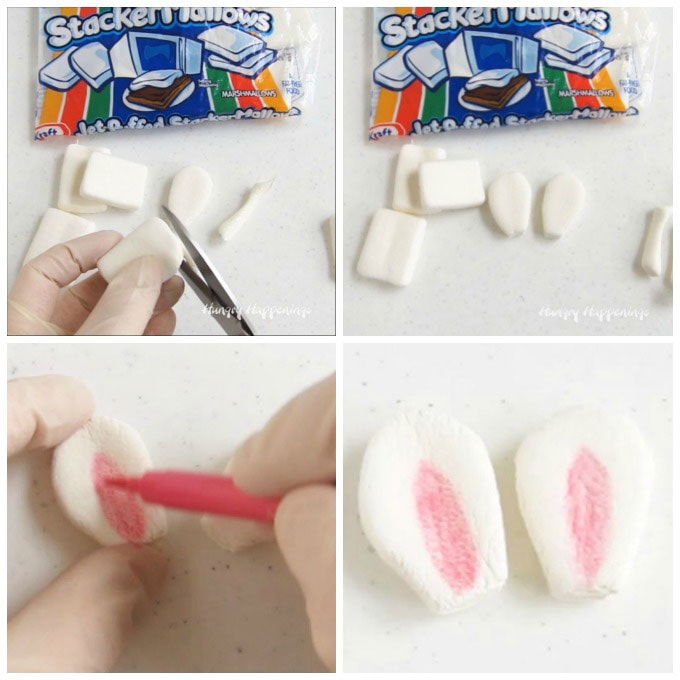 cut marshmallows into bunny ears then draw on pink food coloring centers