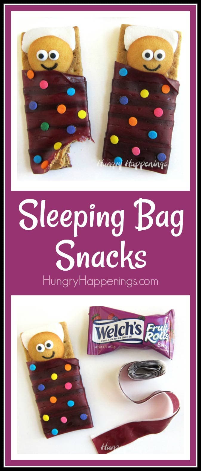 Sleeping Bag Snacks - Cookie kids sleeping on marshmallow pillows and graham crackers topped with peanut butter wrapped in Welch's Fruit Rolls sleeping bags. 