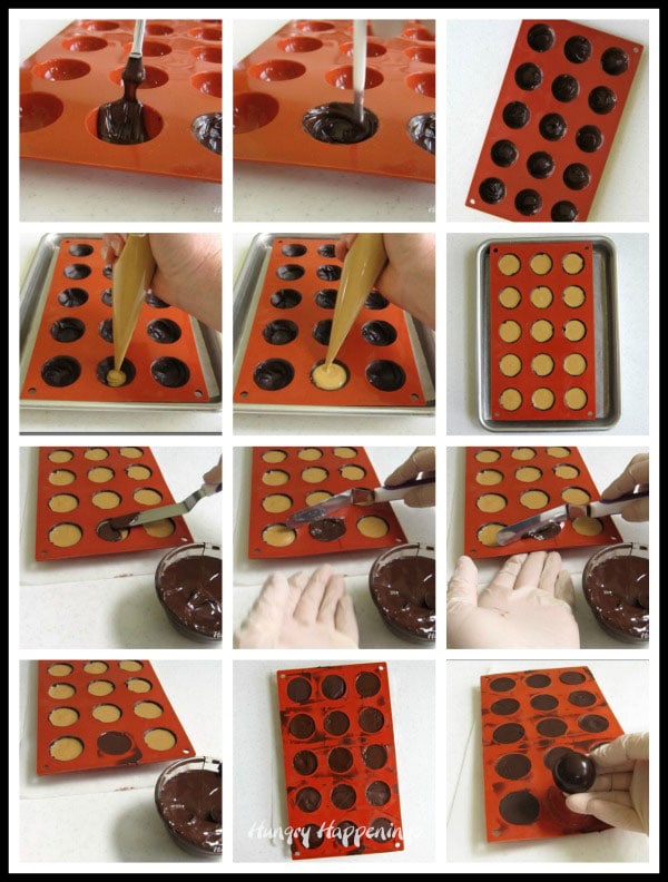 How to make homemade peanut butter cups using a silicone mold, the best peanut butter fudge filling, and dark chocolate.