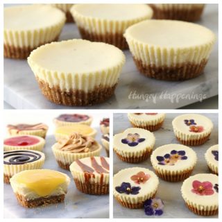 Mini Cheesecakes, plain, topped in chocolate, caramel, or strawberry sauce, or lemon curd, or edible flowers.
