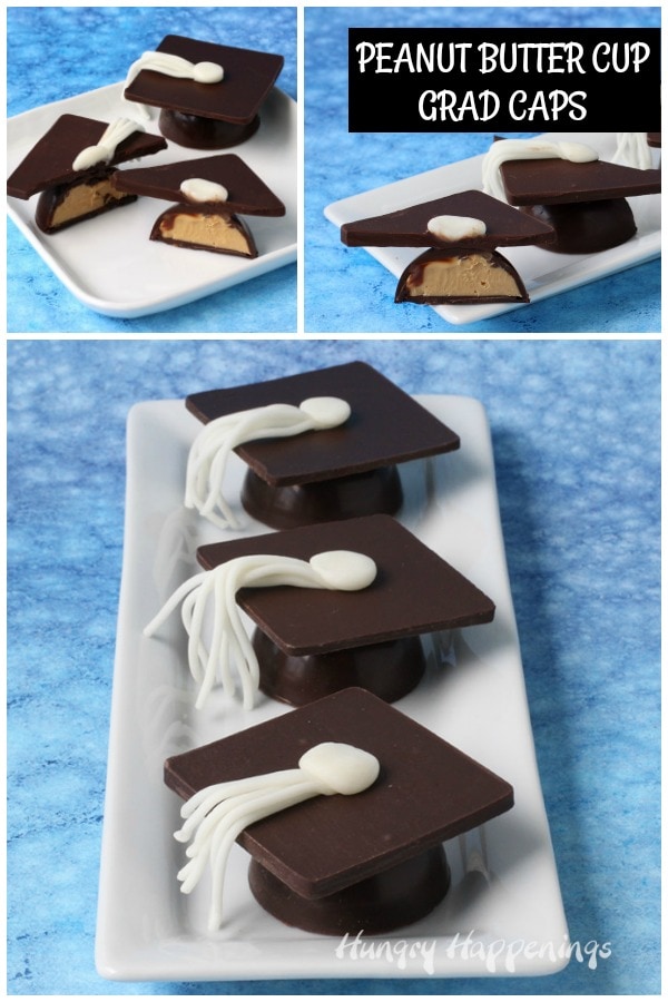 Homemade chocolate peanut butter cup grad caps make great desserts for a graduation party.