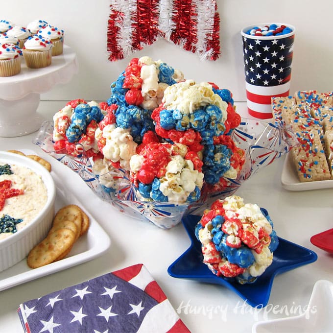 4th of July Party Food including recipes for Red, White, and Blue Popcorn Balls and Patriotic Chicken Dip