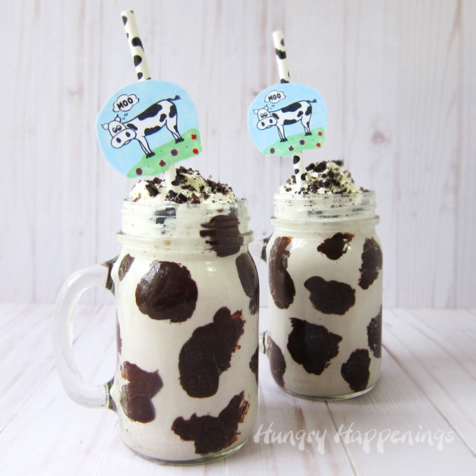 MOO Shakes - Cookies and Cream Milkshakes decorated with Chocolate Ganache Cow Spots