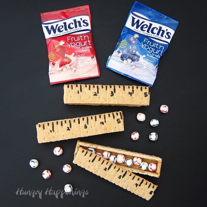 Graham Cracker Rulers filled with Welch's Fruit "N Yogurt Snacks are fun back to school treats.