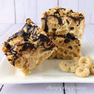 Nutter Butter Cereal Bars made from Nutter Butter Cereal, marshmallows, and chocolate ganache.